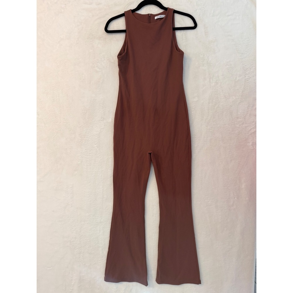Reoria Sleeveless Flare Leg Jumpsuit Cocoa Brown Mock Neck Bodysuit Medium‎